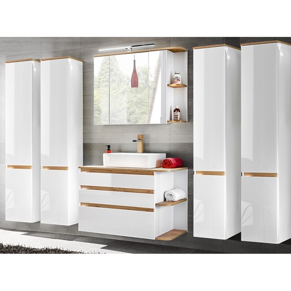 BadmöBel Set Weiß Waschtisch Keramik Waschbecken Led Spiegelschrank HochschräNke-image