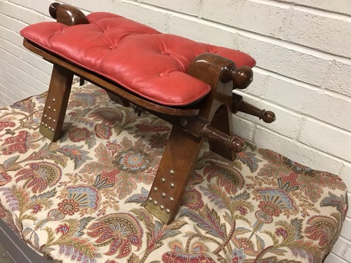VTG MOROCCAN CAMEL SADDLE STOOL BENCH BRASS ACCENTS W/BLACK & RED CUSHION SIDES - Picture 5 of 10