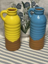 Set of 2 Ceramic Bud Vases w/ Handles Yellow Blue Brown Matte 7in Modern