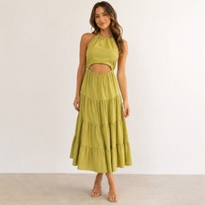 Le Lis Dress XS Green Tie Halter Neck Cutout Tiered Midi Boho Summer
