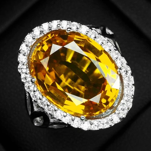 925 Sterling Silver White Gold Rings Exquisite Golden Yellow Sapphire 13.70Ct