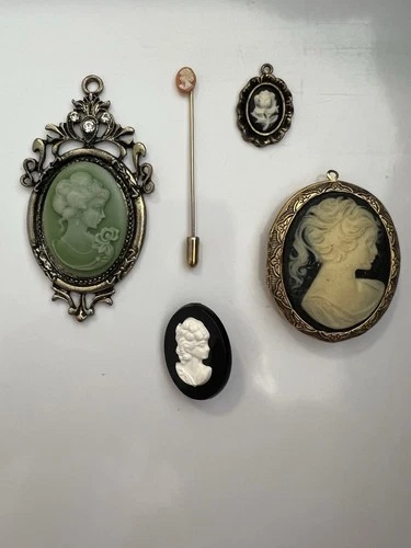 Vintage Cameo Lot Locket Pendant Brooch Stick Pin Gold Tone 5 Pc Costume Jewelry