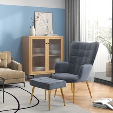 Armchair with Footstool Button Tufted Accent Chair w/ Steel Legs