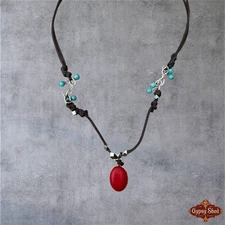 NEW Plunder Necklace TALLULAH SKYE Brown Cord W Faux Turquoise Beaded Red & Blue