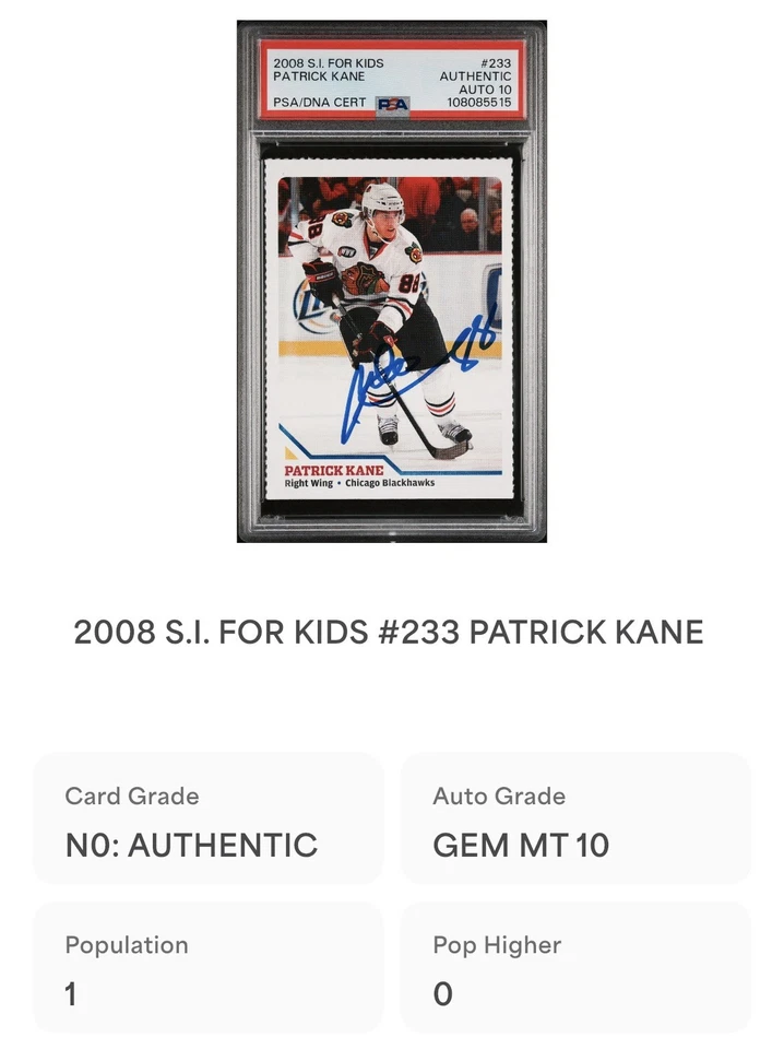 Patrick Kane Signed 2008 SI For Kids #233 Rookie Card RC PSA Auto Grade 10 POP 1 - Image 3 of 3
