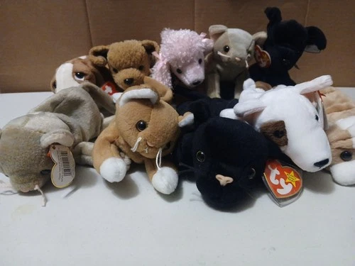 VINTAGE BEANIE BABY 10 CATS & DOGS ONE PRICE w / Butt And Hang Tags 1 Missing Ta