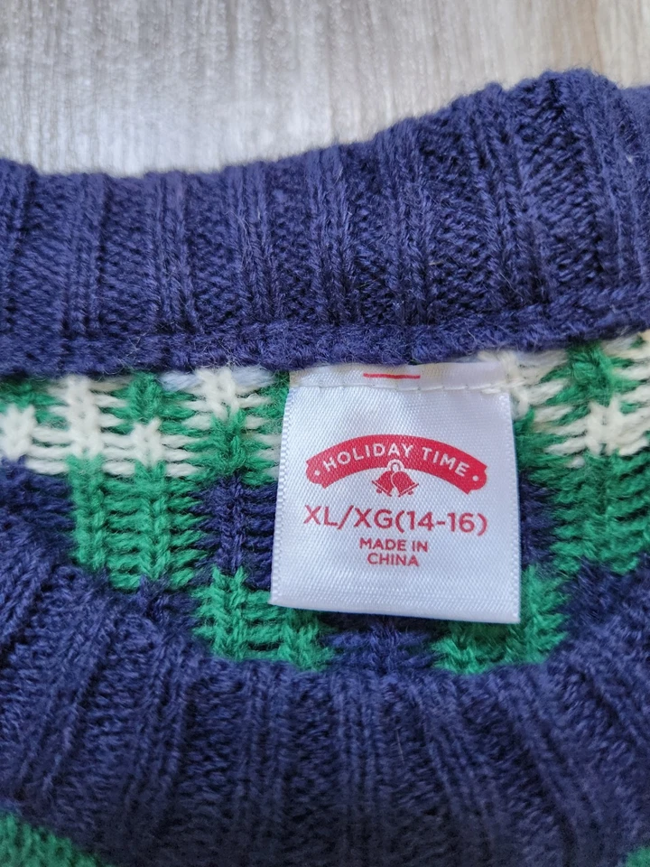 Suéter Dab Holiday Time Ugly Christmas Cat listra verde malha infantil tamanho XL 14-16 - Imagem 4 de 4