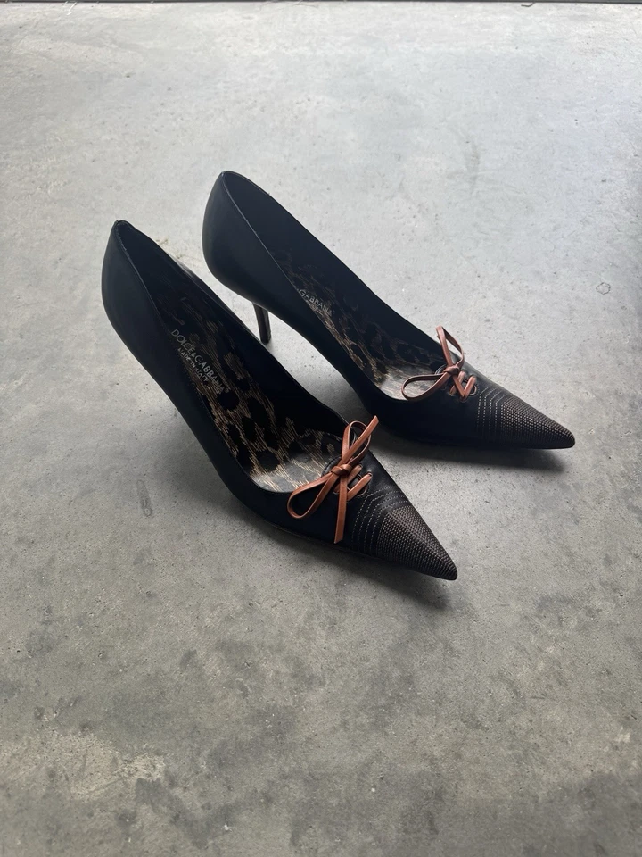VTG Y2K Dolce & Gabbana Heels Women's 38.5 Black Leather Stilleto Pumps Leopard - Image 3 of 4