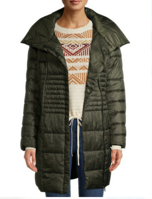NWT Women's Belted-Quilted Puffer Coat with Oversized Hood and Collar S,M