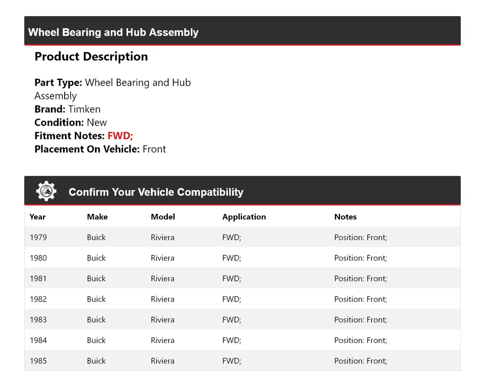 Conjunto de cojinete de rueda y buje delantero Timken 1980 para Buick Riviera 1979-1985 tracción delantera Foto 2 de 4