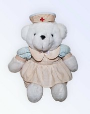 PRESTIGE TOY CO 1989 WHITE NURSE BEAR PLUSH BEIGE DRESS 14" RARE COLLECTIBLE  👇
