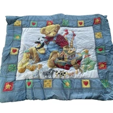 Vintage Blue Jean Teddy Crib Bedding Set Comforter Diaper Stacker Skirt EUC
