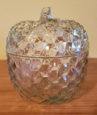 Vintage Clear Cut Glass Covered Glass Apple Shaped Candy Cookie Dish Jar