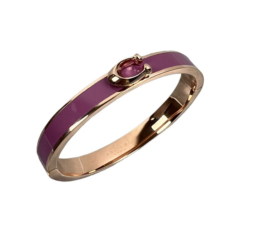 Coach Signature Push Hinge Bangle Polished Rose Gold Plated Lilac Enamel NWT