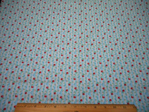 30s Reproduction Fabric By The Yard Red Roses on Blue & White Stripe Cotton #P - Picture 2 of 2