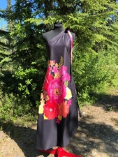 NEW Black One Shoulder Tie Tropical Print Maxi Sundress Gown Formal Zip Size S
