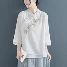 Women Embroidery Cotton Shirt Tea Clothes 3/4 Sleeve Top Hanfu Ethnic Retro