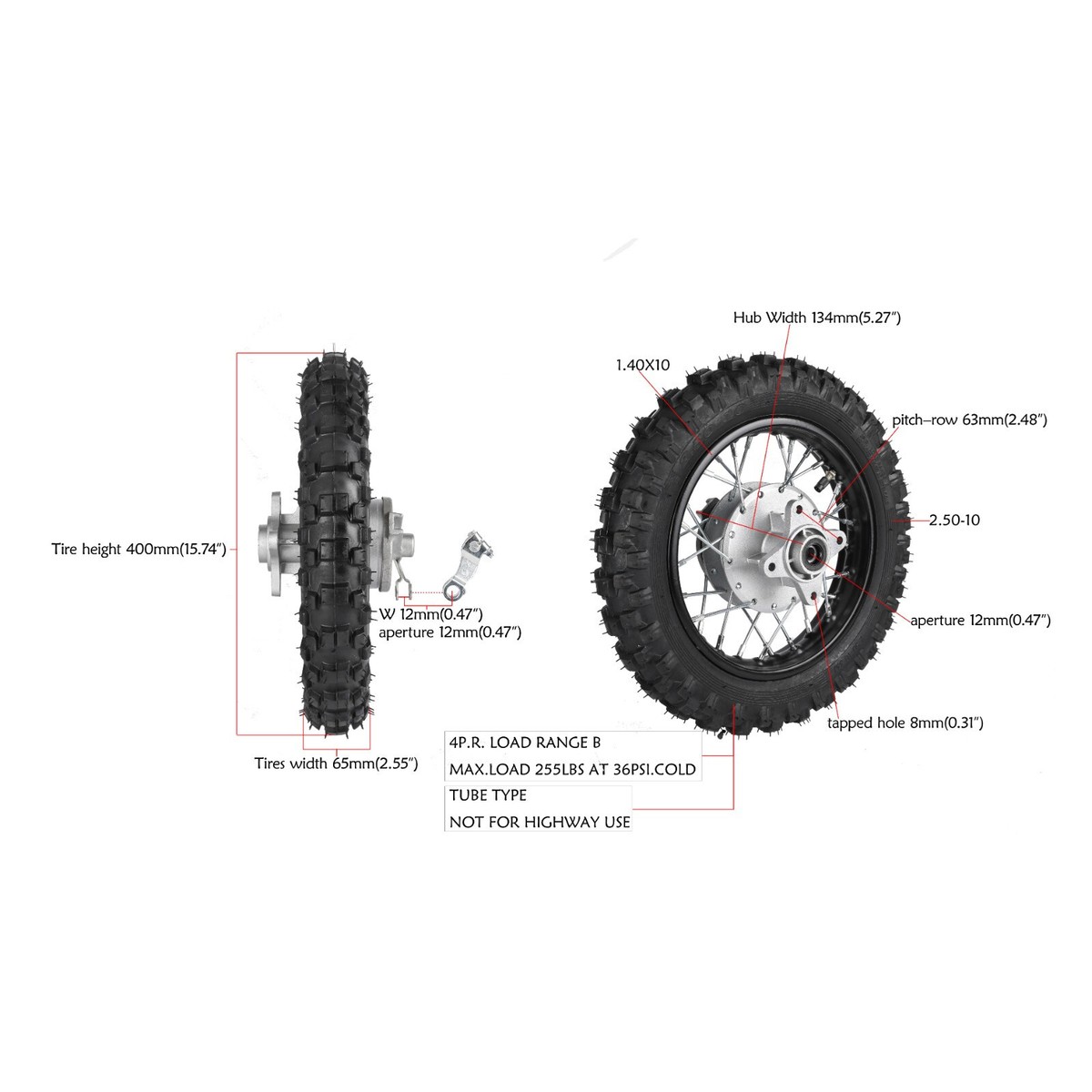 BLYGO Wheel And Tire Assembly 10 Inch Rear Drum Brake Wheel & Tire Combo For Pit Pro Dirt Bike - 2.50-10 Size 26 Inch Wheel Dirt Jumper Bike Frames - Foto 2