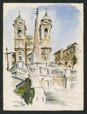 Betty Guy Watercolor Signed ORIGINAL Scalinata de Trinita dei Monti - ROMA! 1950