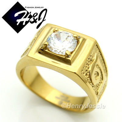 MEN's Stainless Steel 2CT Round CZ Bling Gold Plated Ring Size 7 -13*GR19