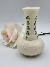 Vintage Belleek Ireland four rows of Green Shamrock Porcelain Bud Vase 5 1/4”