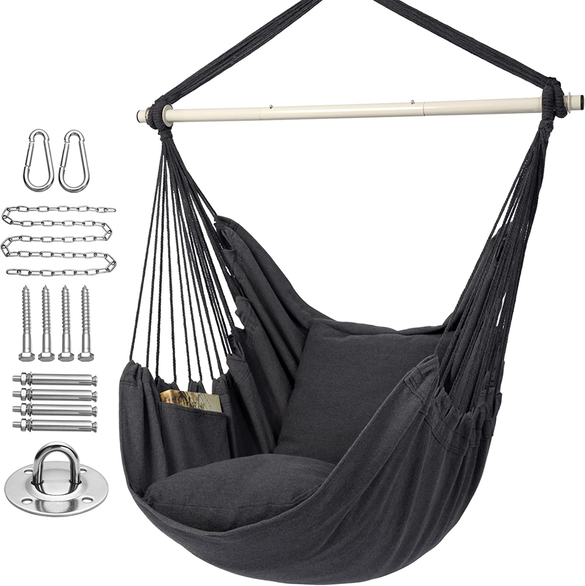 Hammock Chair Hanging Rope Swing, Max 500 Lbs, Seat Cushions
