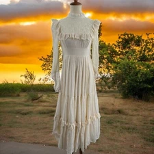 Gunne Sax Dress Vintage 70s Prairie Wedding Cream Lace Gauze Coquette Long Maxi