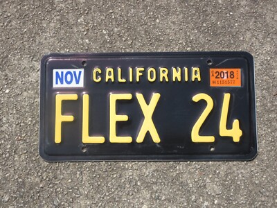 2018 California Flex 24 Vanity License Plate Flexing Black Tag