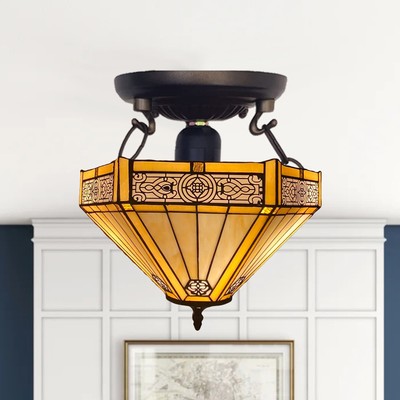 Tiffany gelbe sechseckige Form Deckenlampe 16'' Schirm Buntglas Deckenfluter UK