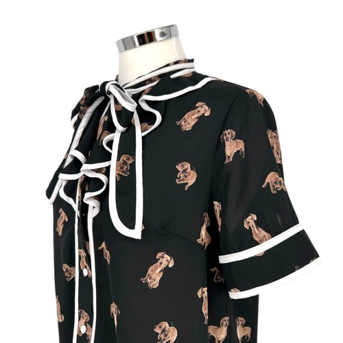 The Moon Dachshund Dog Print Bow Neck Retro Style Blouse Black Size Large - Picture 5 of 22