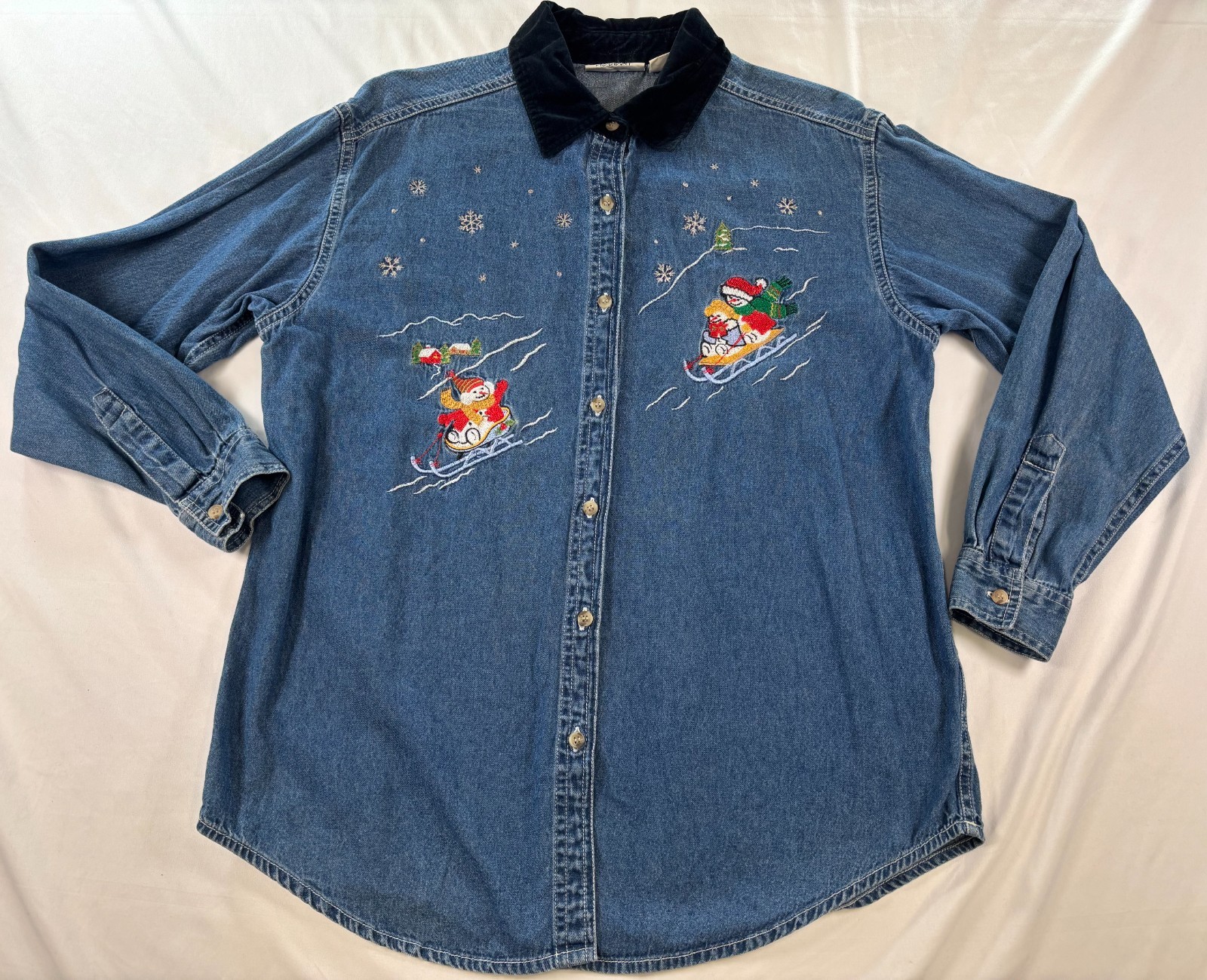 Vtg Basic Editions Denim Shirt Sz M Embroidered Christmas Snowman 100% Cotton