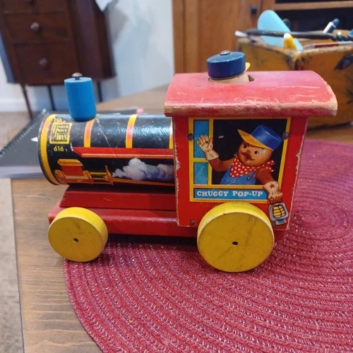 Vintage Fisher Price 616 "Chuggy Pop-Up" Wooden Pull Train Engine Toy