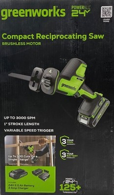 Greenworks 24V 1'' Cordless Recip Saw, 2.0Ah Battery and Compact Charger Included