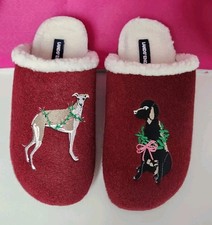Lands End Women's 8B Sherpa Lined Clog House Slippers Burgundy Multi Dogs