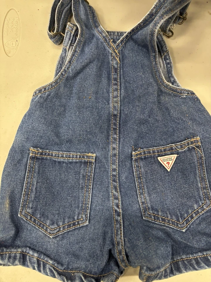Guess Baby Vintage 90s Leather Patch Denim Overalls Blue - Image 2 of 3