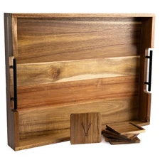 Acacia Wooden Ottoman Tray for Living Room & 6 Coasters Set – 21" Large Coffe...