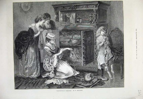 Original Old Antique Print 1873 Fine Art Grandmothers Treasure Cabinet Fine Art
