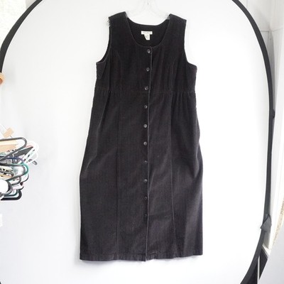 VTG Eddie Bauer Black Corduroy Button Front Jumper Dress Womens Petite XL Cotton