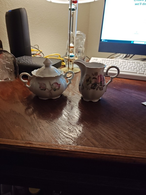 Vintage Made in Japan Porcelain Creamer & Sugar Bowl w/ Lid  Rose Motif & Gold