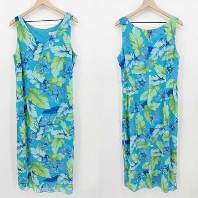 Dressbarn Blue Tropical Floral Chiffon Maxi Dress Sleeveless V-Neck 14W Resort