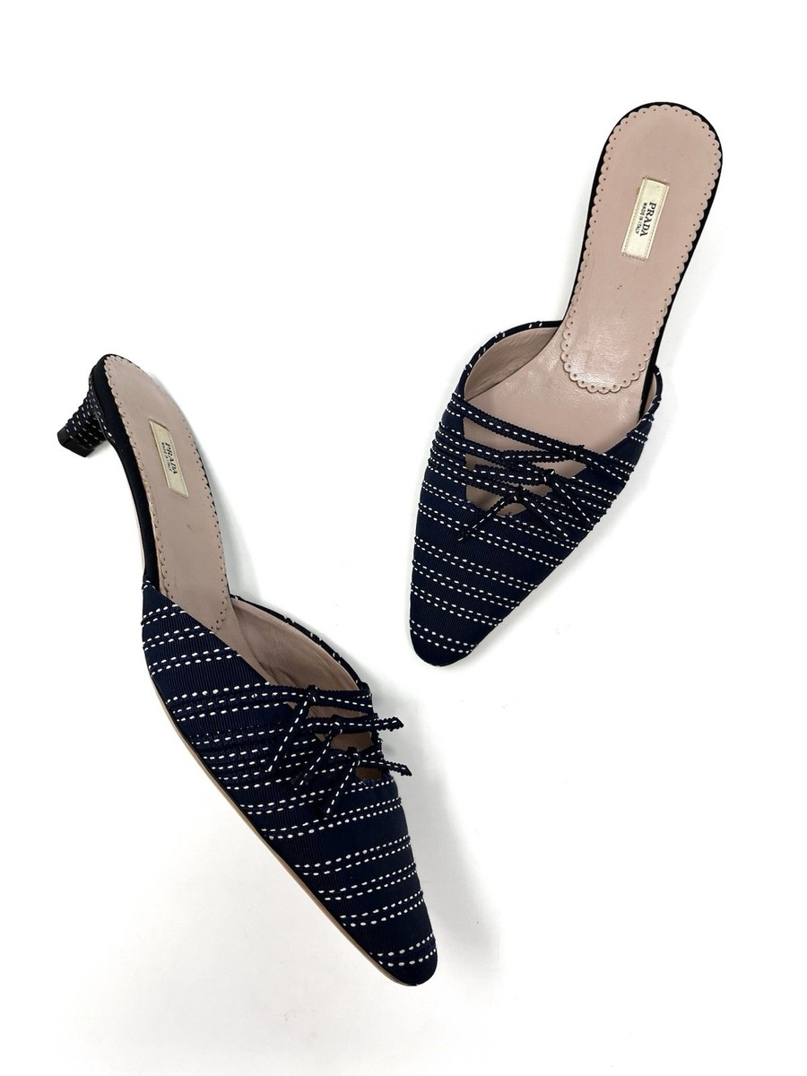 Vintage Prada 90s Y2K Blue White Satin Ribbon Bow Kitten Heels
