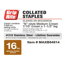 7/16 X 1-1/2 In. 16-Gauge 316 Stainless Steel N-Style Medium Crown Staples 500 p