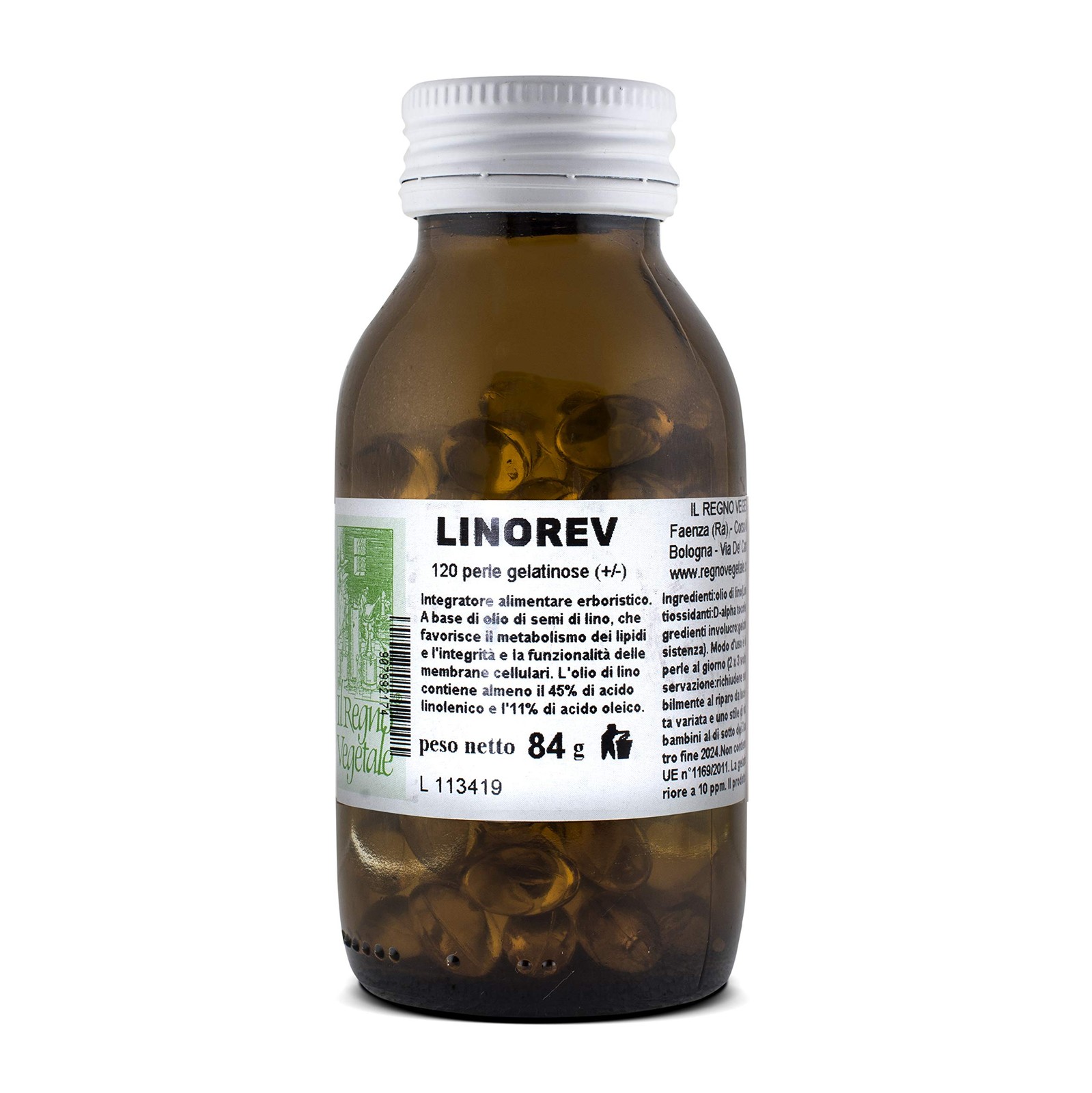 LINOREV Olio di Lino 120 Perle x 500 mg Omega 3 Vegetali Naturali Vegan Ok Made