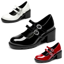 Girls Mary Jane Dress Pumps Platform Chunky Heels Double Straps Uniform Loafers