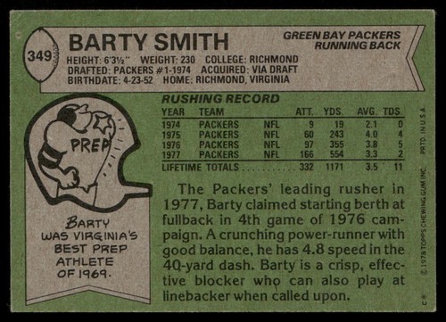 Barty Smith 1978 Topps #349 Green Bay Packers - Picture 2 of 2