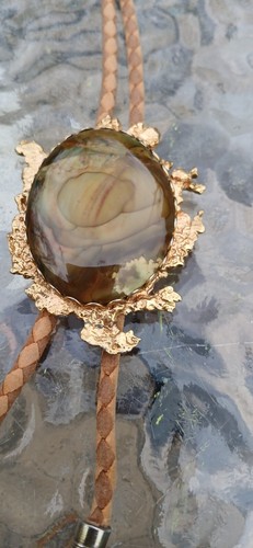 Vintage Country Western Jasper Stone Gold flake Bolo Tie Jewelry - Picture 5 of 6