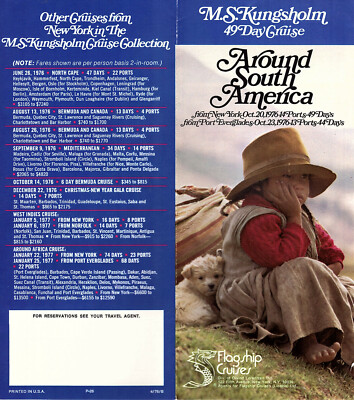 M.S. Kungsholm 1976  Brochure 49 Day Cruise Around South America Itinerary Fares