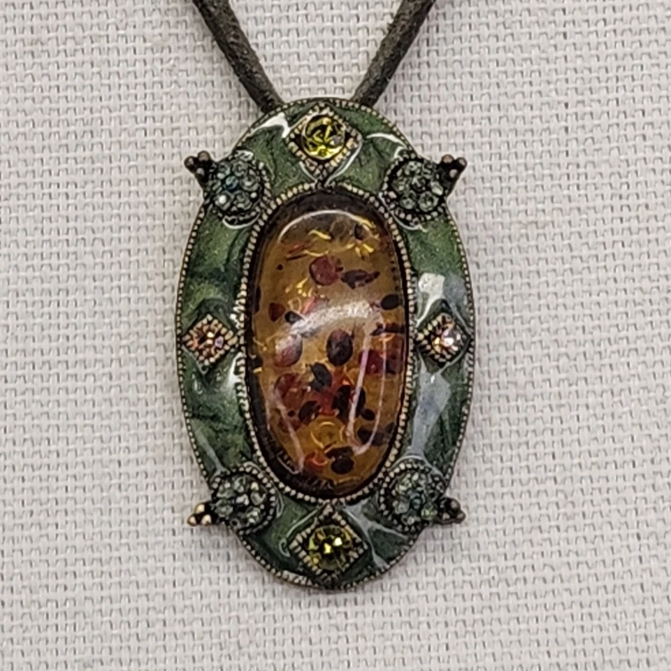 Collar Colgante Ámbar Ovalado Cuero Verde Cordón Esmalte Estrás 18" Foto 4 de 4