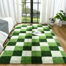 Shag Area Rug, 4x6 ft Deep Green White Fluffy Rugs for Bedroom Living Room,