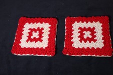 2 Vtg Red/White Crochet Pot Holder Hot Pad Trivet GrannyCore Kitchen